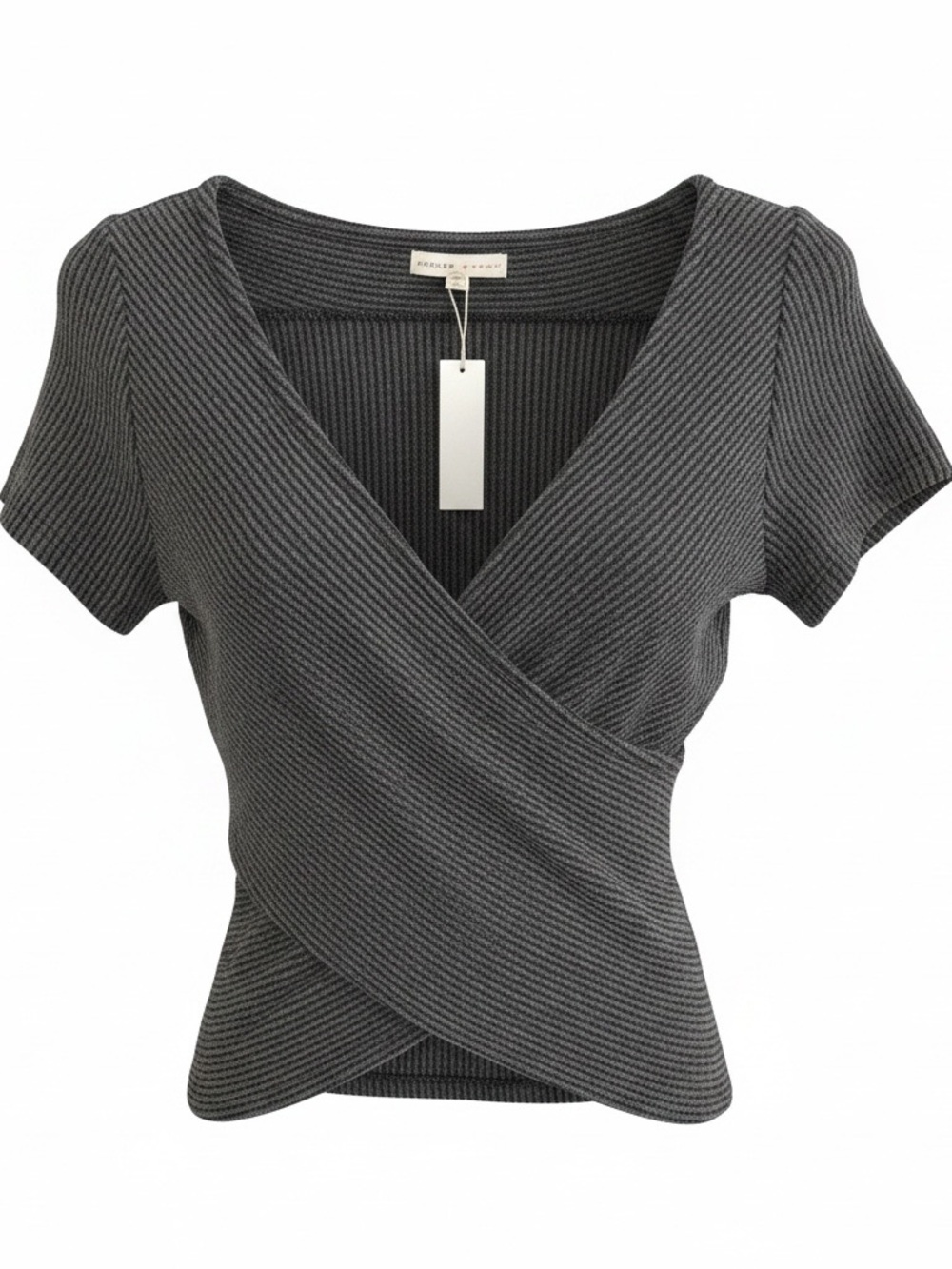 Gilded Intent Black and Gray Striped Wrap Rib-Knit Crop Top